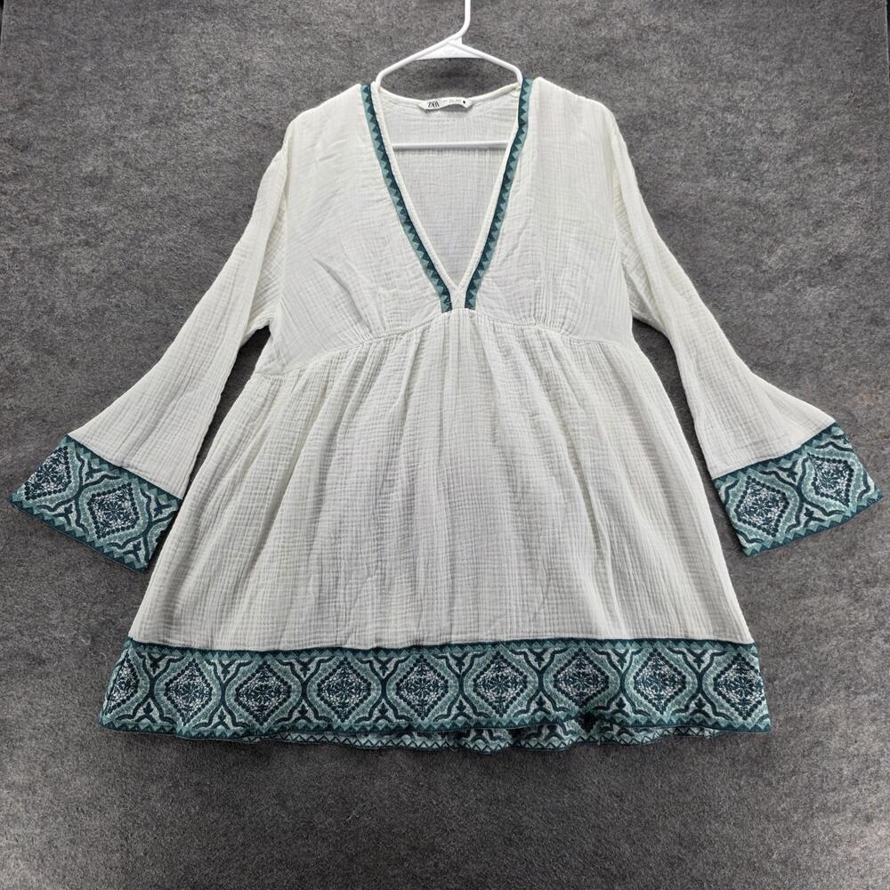 Zara Blouse Tunic Womens Medium White Embroidered Bell Sleeve V-Neck Casual